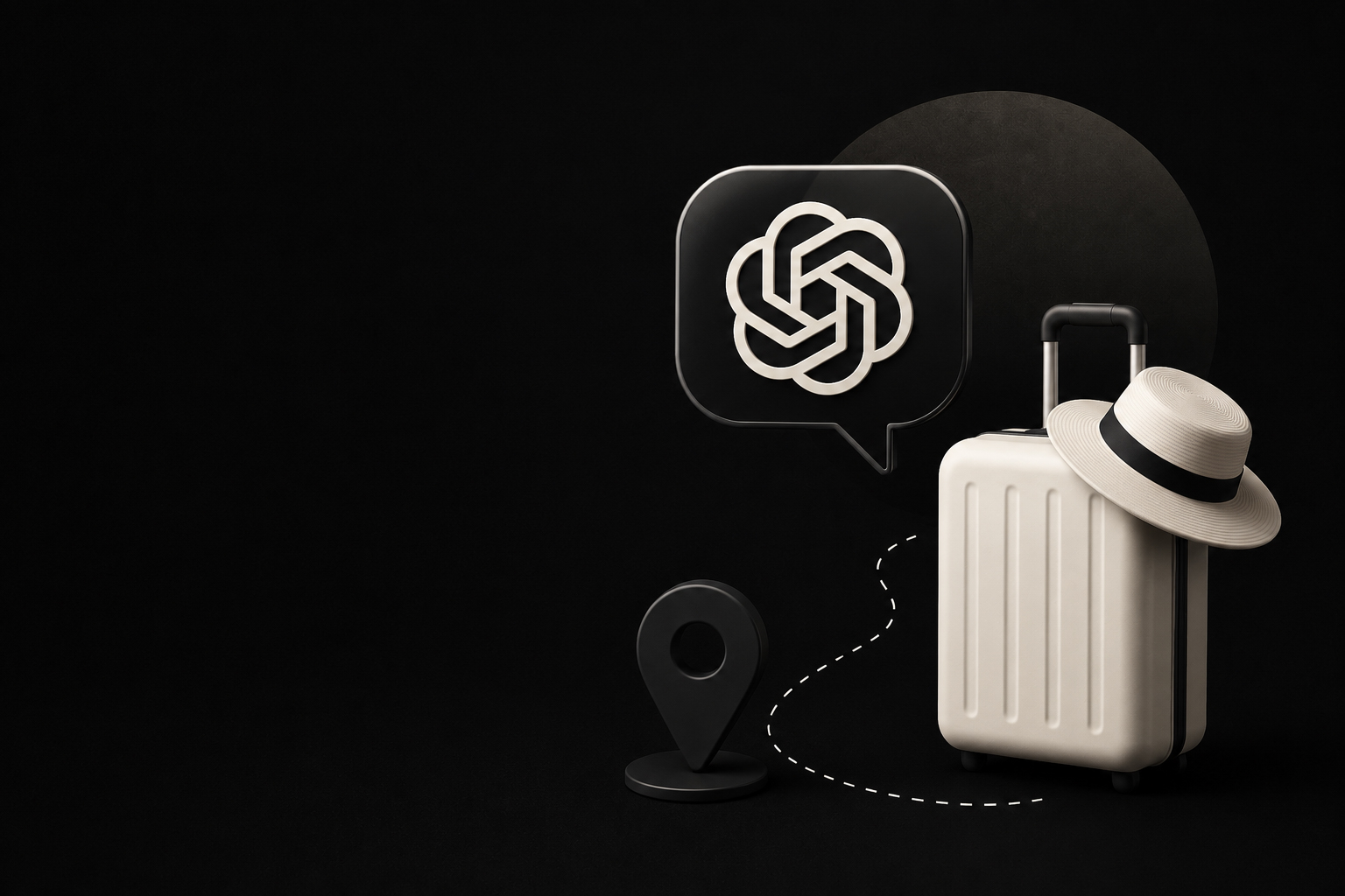 Maleta de viaje junto al logotipo de ChatGPT sobre fondo negro